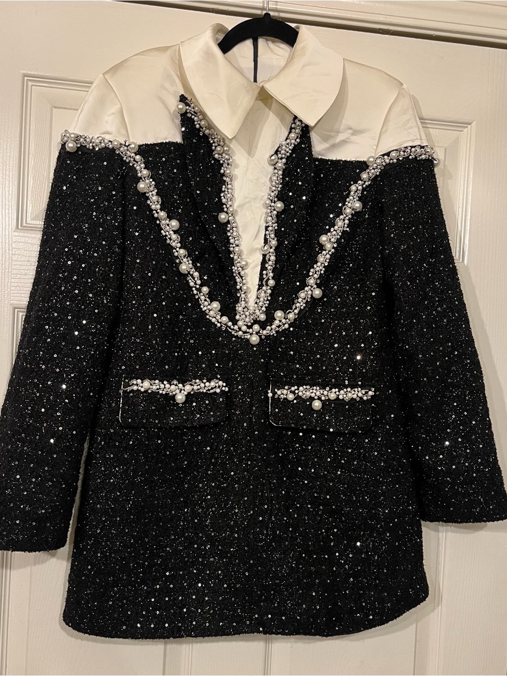 Black Tweed Mini Dress with White Trim - Picture 3 of 5